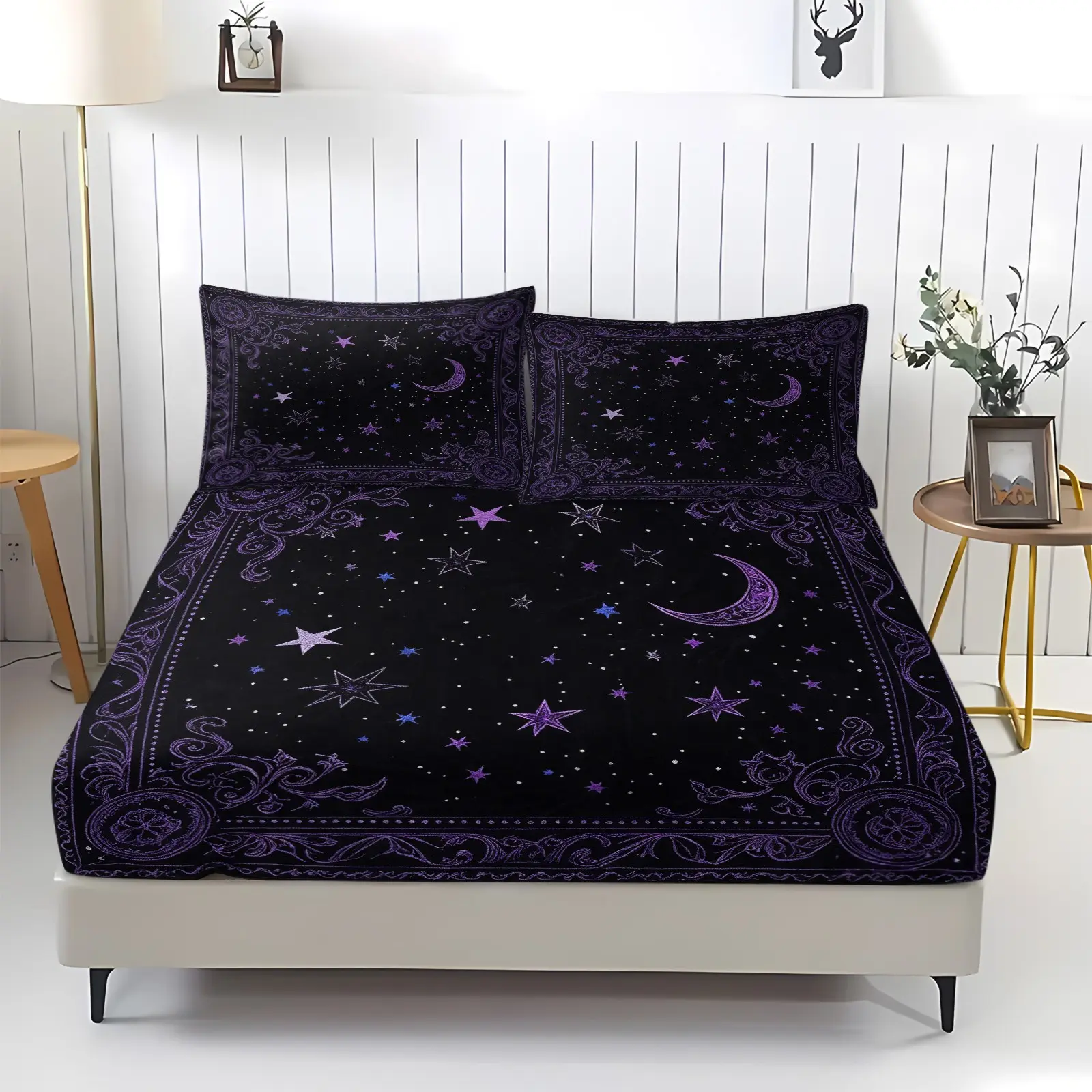 Starry Moon Magic Printed Pattern Bed Sheet, including 1 bedsheet and 2 pillowcases, anti slip dust cover suitable for bedrooms and guest rooms, suitable for personal use or gift giving