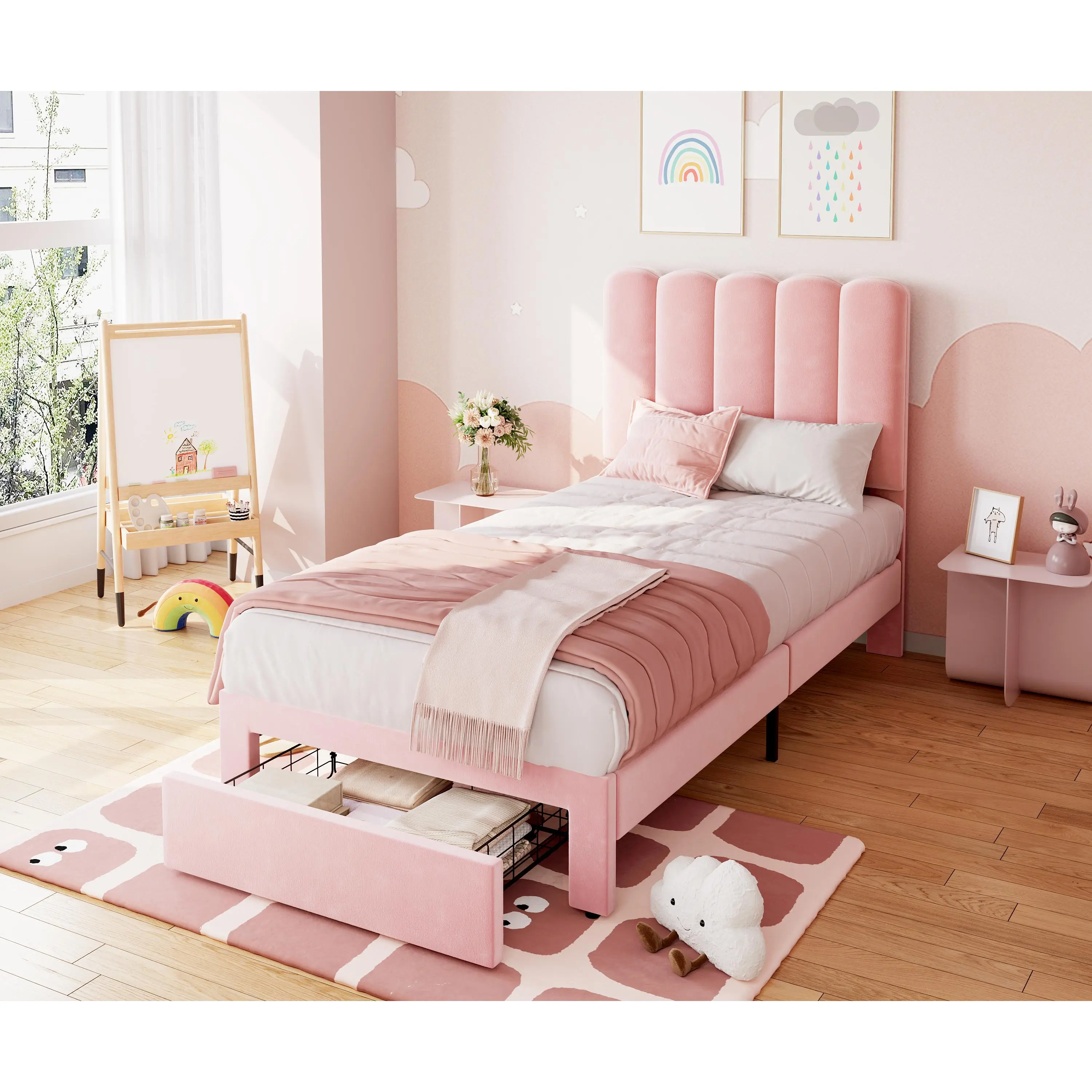 Pink Boucle Twin Platform Bed Frame with Under Bed Storage Drawer, Wave Curved Upholstered Headboard Bed for Girls Kids, Solid Wood Slat Support, No Box Spring Required