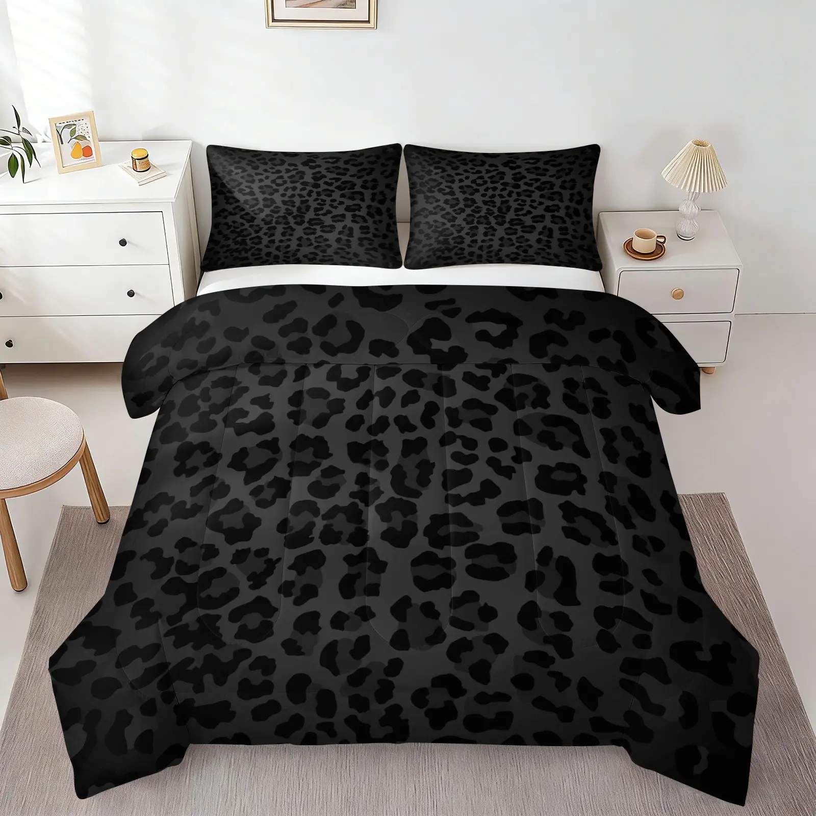 Dark Gray Black Leopard Print Comforter Set (1 Comforter + 1-2 Coreless Pillowcases), Black Lining, Stain Resistant, Soft Comfy Durable Washable, All Season Microfiber Bedding, Modern Leopard Pattern Decor Bed Set for Bedroom