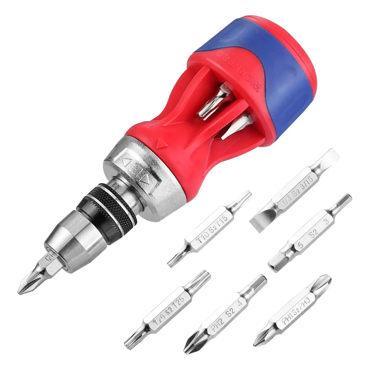 12-IN-1 Stubby Ratcheting Multi-bit Screwdriver, Short Magnetic Screwdriver with Quick-load Mechanism, Premium S2 Steel, Double End Bits Stored in Handle