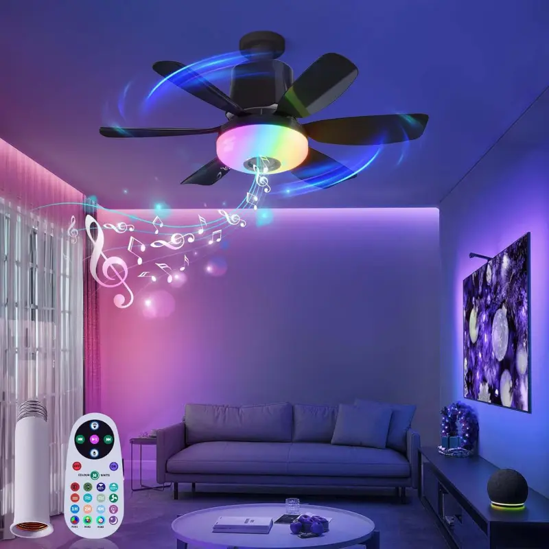 Black 18.5 Inch Screw-In Socket Ceiling Fan Light with Remote & Bluetooth Speaker, RGB Color Changing 3 Color Dimmable Fan Lamp, 3 Adjustable Fan Speeds Multi-Function Fan Light Combo for Bedroom Garage Indoor Use