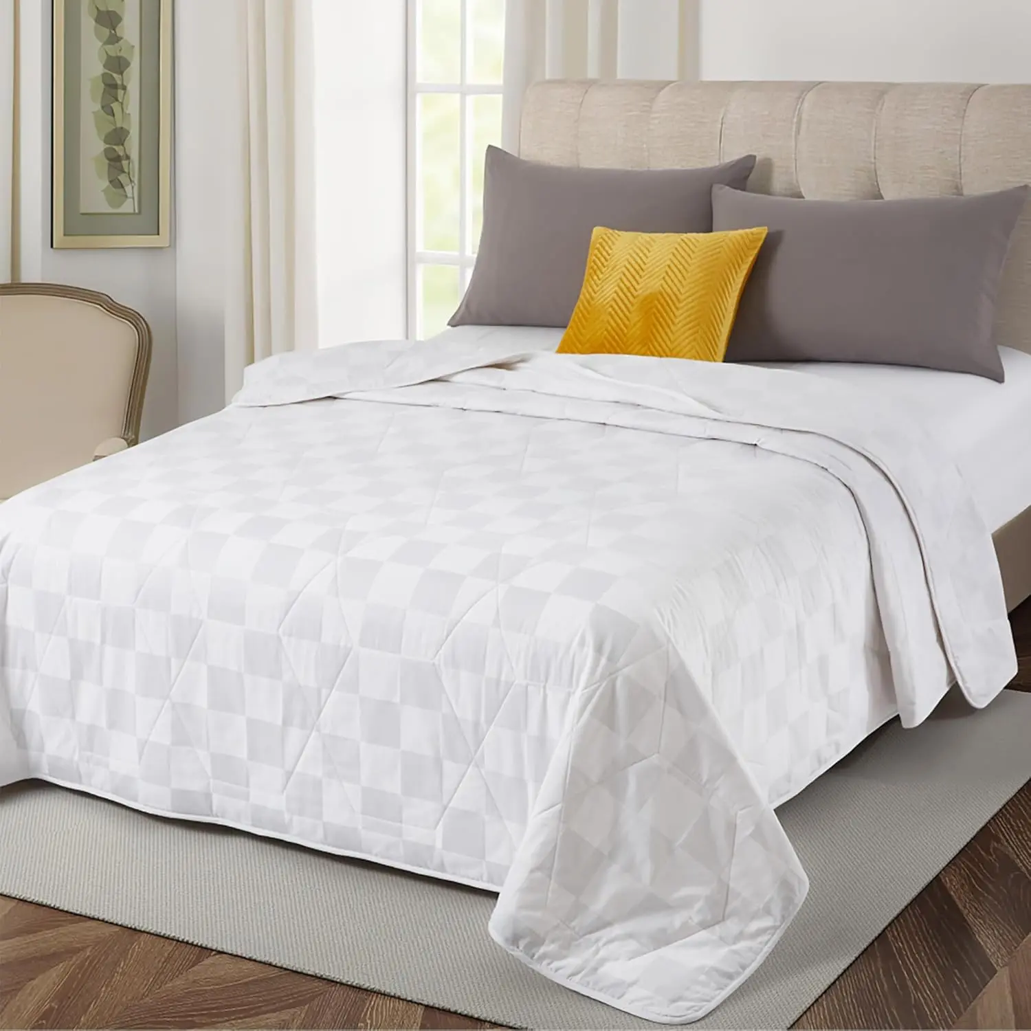 100% Cotton Comforter Queen Size, Lightweight All-Season Block Quilted Bedspread, Breathable and Anti-Allergic Bedding with Elegant Hotel-Quality Aesthetic, Elegant Luxury Design, Durable, Machine Wash