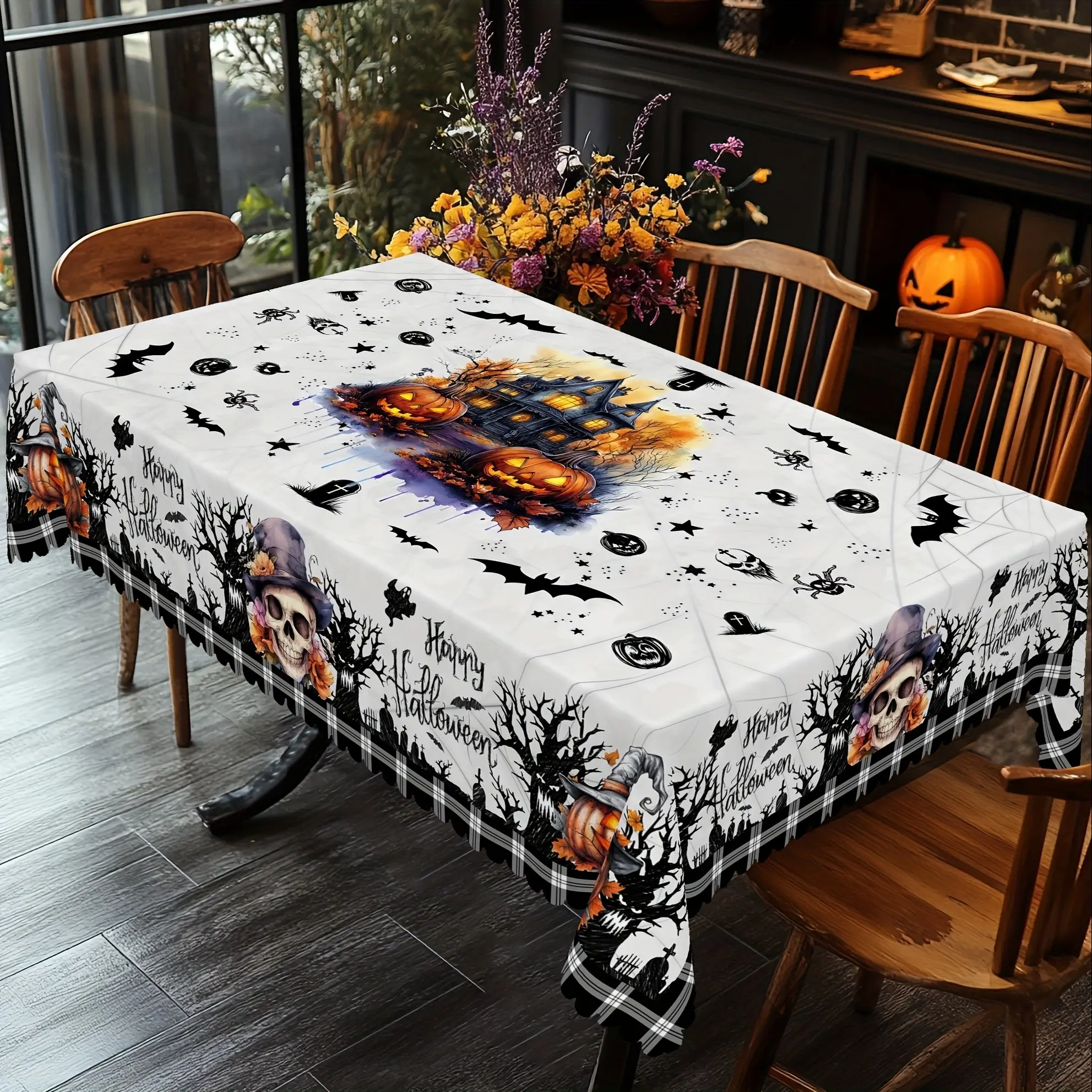 Halloween haunted house pumpkin skull pattern printed straight-edge tablecloth, water-resistant and stain-resistant reusable square tablecloth, suitable for decoration in living rooms, dining rooms, hotels, and cafes