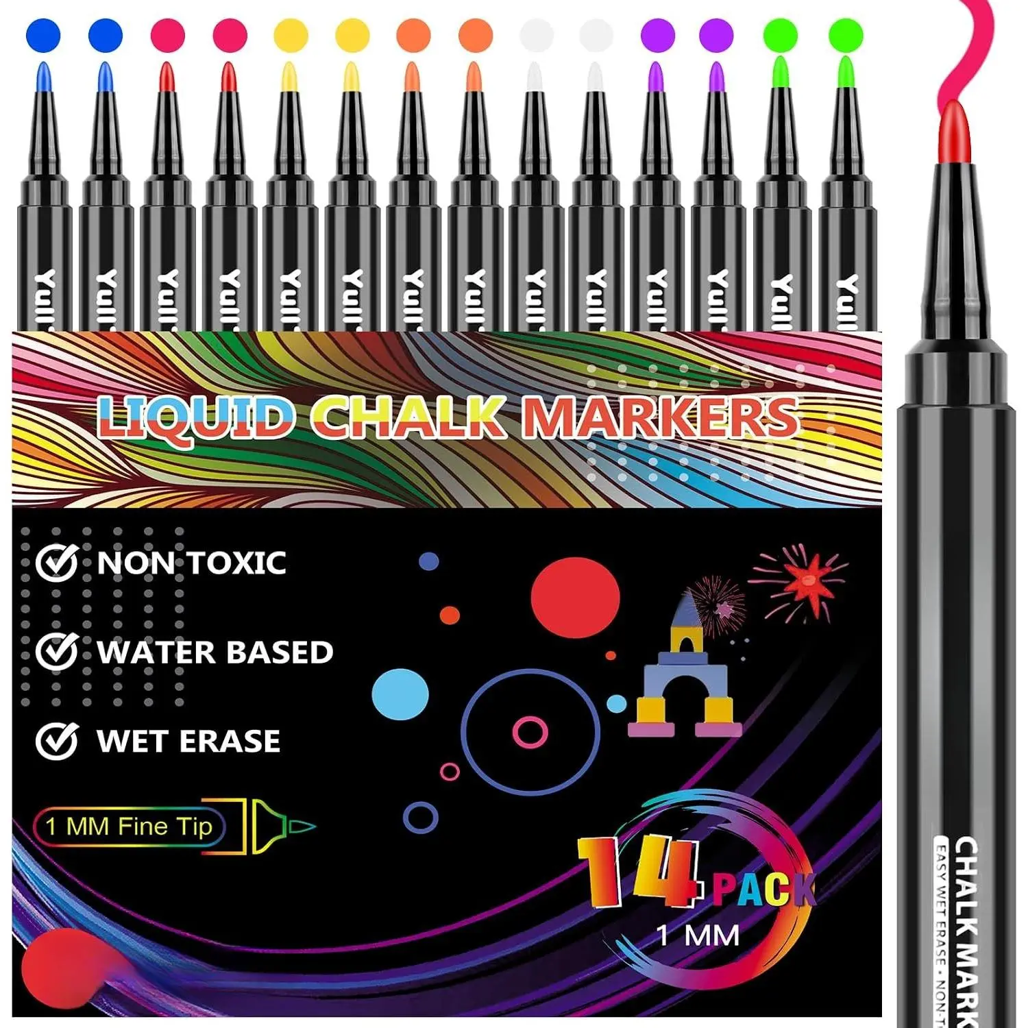 Chalk Markers - Fine Tip Wet Erase Markers, Liquid Chalk Pens for Chalkboard, First & Last Day of School Board, Window, Glass, Mirror (14 Pack)