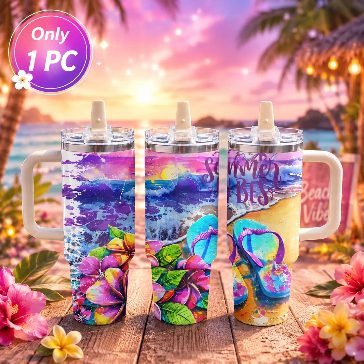 40oz Beach Sandals Tumbler with Handle & Straw Lid | Flip Flop Summer Beach Sunset Vacuum Insulated Stainless Steel Travel Mug | Leakproof Double Wall Iced Coffee Cup | Car Cup Holder Friendly for Gym, Office, Travel & Gift for Women Girls
