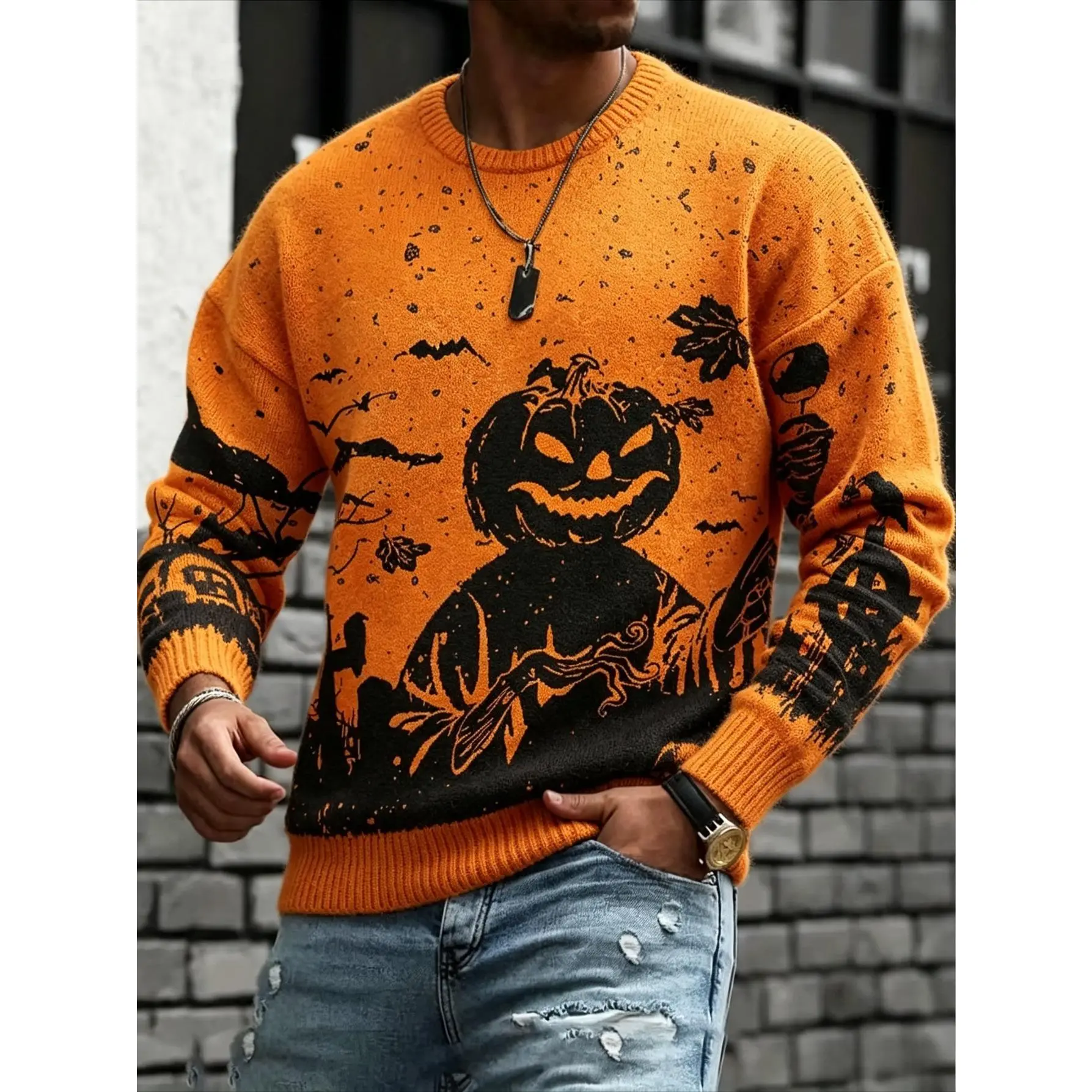Men's Halloween Pumpkin Ghost Graphic Crew Neck Knit Sweater, Scary Bat Cemetery Print Pullover Jumper, Autumn Winter Party Casual Long Sleeve Top Knitwear Menswear