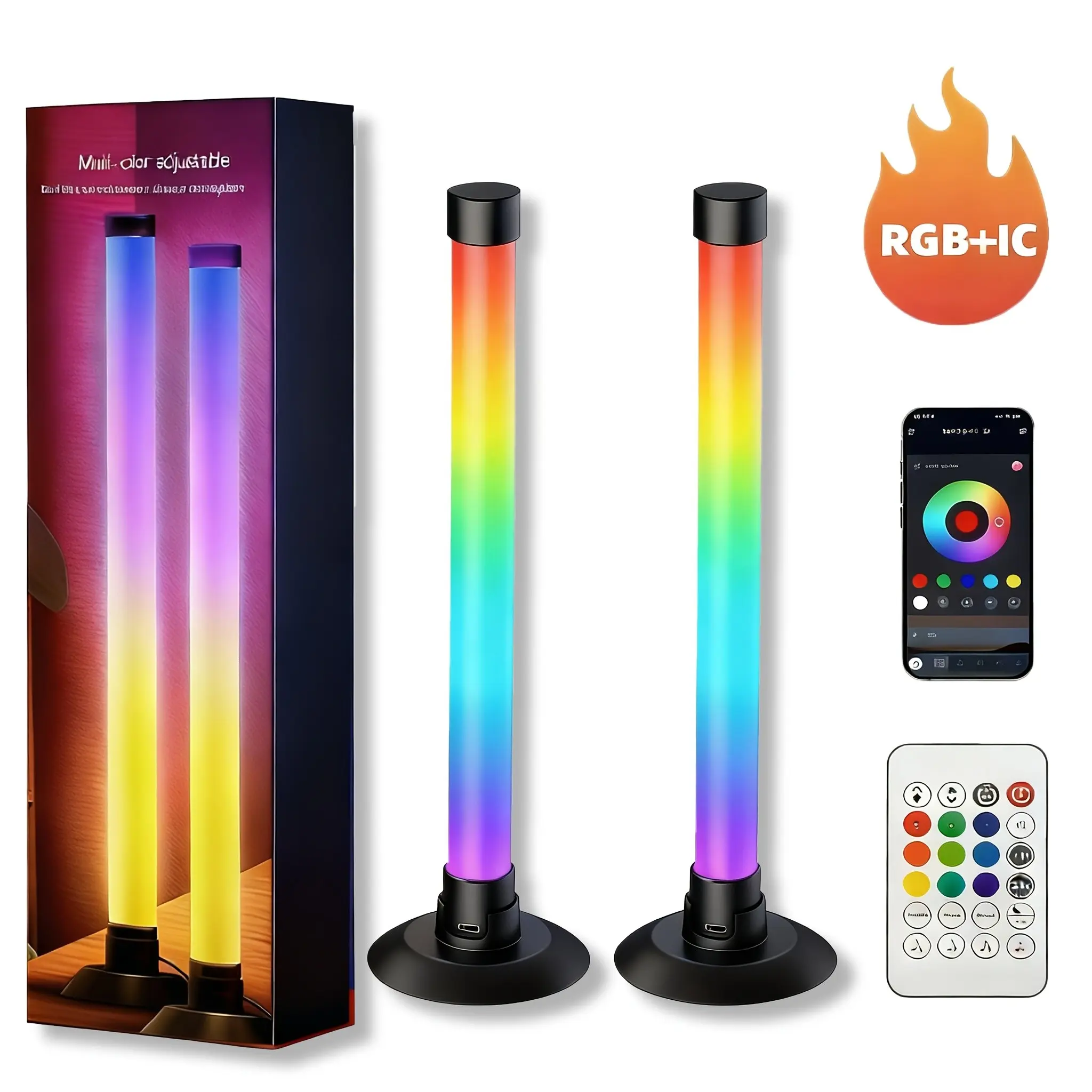 2pcs RGB IC LED Light Bars with App and Remote Control, Dynamic Music Sync, USB Powered, Color Changing, Dimmable, for PC, TV Backlight, Computer Desk, Music Classroom