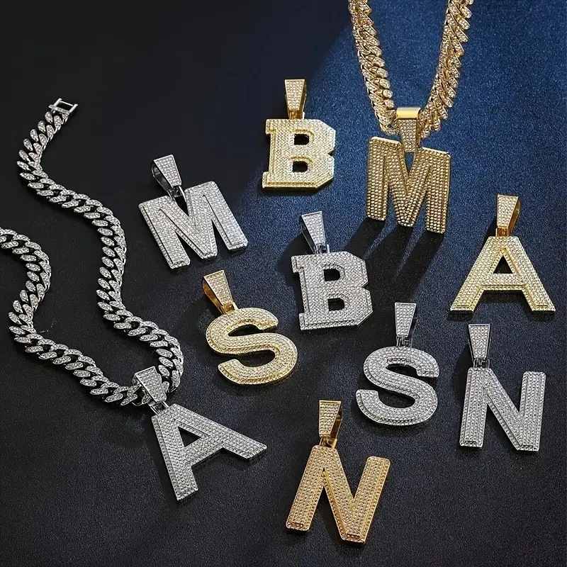 Iced Out Initial Letter Pendant Necklace for Women Men, A B N S M Alphabet Rhinestone Chunky 13mm Cuban Link Chain, 18K Gold Plated or Silver Plated Zinc Alloy Hip Hop Streetwear Jewelry, Personalized Halloween Christmas Birthday Gift