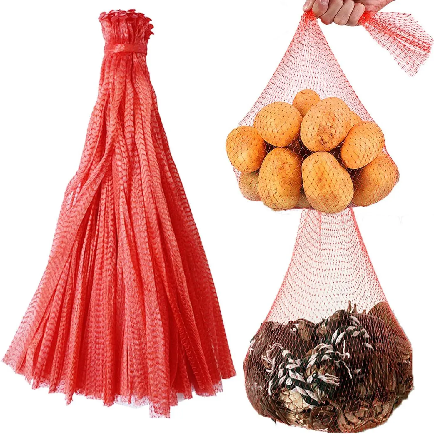 Reusable Produce Mesh Bags, 24 Inch Seafood Boil Bags for Crab Clam Shellfish Crawfish Cooking, Onion Potato Storage Eco-friendly Fruit Vegetable Produce Packaging Supplies Net (100Pcs-Red)