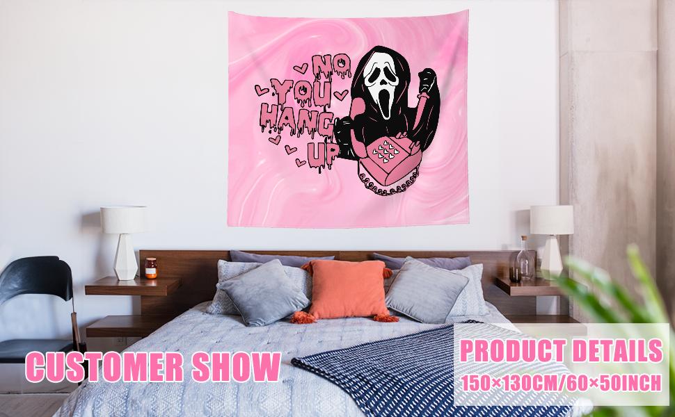 Pink Horror Tapestry 60 x 50 Inch - 'No You Hang Up' Funny Ghost Wall Hanging, Romantic Halloween Valentine's Day Home Dorm Decor