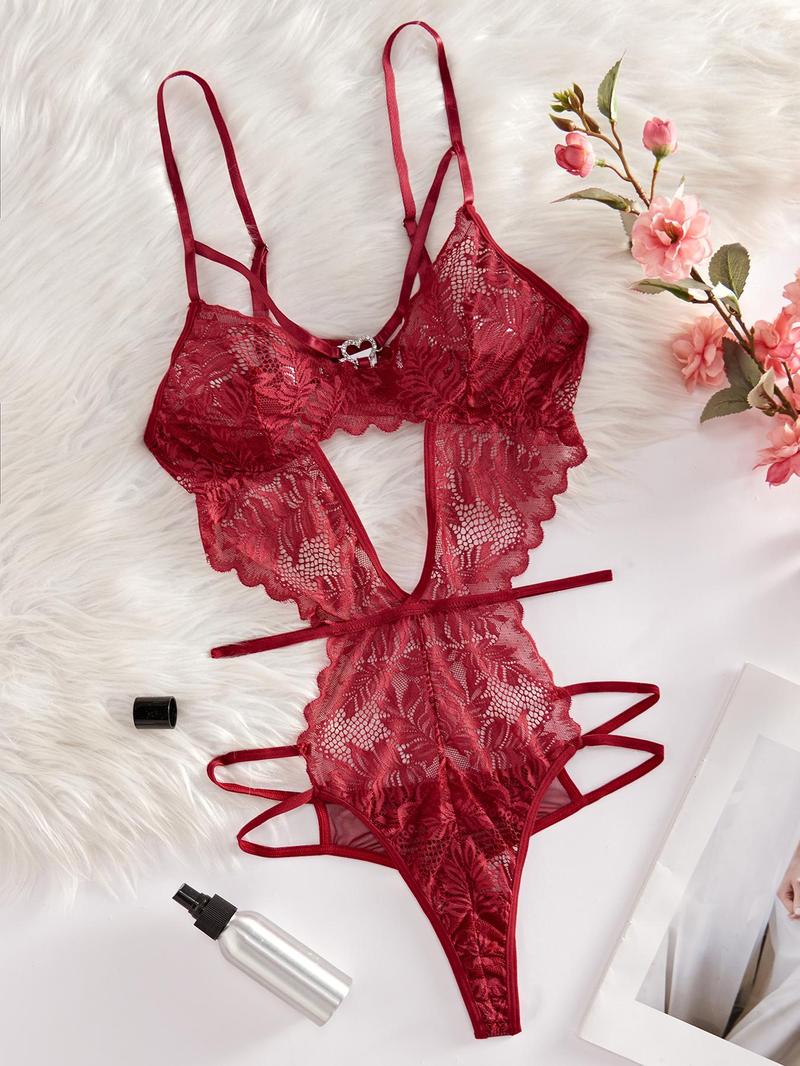 Women's Solid Cut Out Sheer Lace Lingerie Bodysuit, Fashion Comfy Sexy Breathable Push Up Bodysuit for Daily Wear, Women Sexy Lingeries for All Seasons, Lingerie Lace Nightwear, Underwear, Soft Lingerie