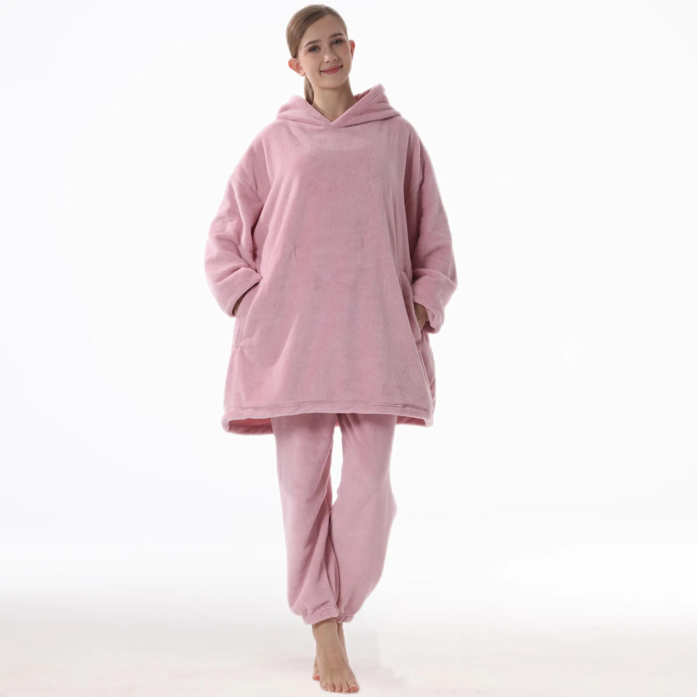 Coral Fleece Deep Wearable Blanket Set, Hooded Bathrobe with Pockets, Unisex, Fall Winter, Perfect Gift