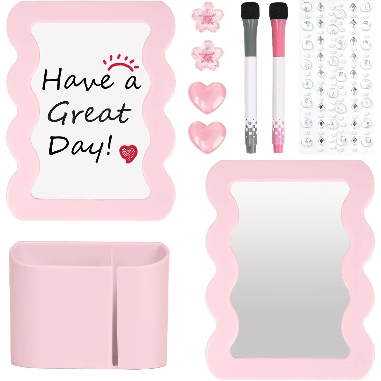 Girls Locker Accessories Kit with Magnetic Mirror, Whiteboard, Pen Holder, Magnets & Stickers, Pink Locker Decor Organizer Set, Back to School Supplies, 10-Piece Basic Set