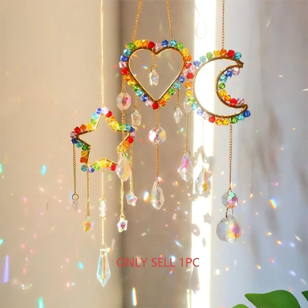 Sun Catcher Crystal Pendant, Dream Catcher with Sunlight Refraction, Moon Shaped Wind Chime, Garden & Balcony Ornament, Wedding Decor