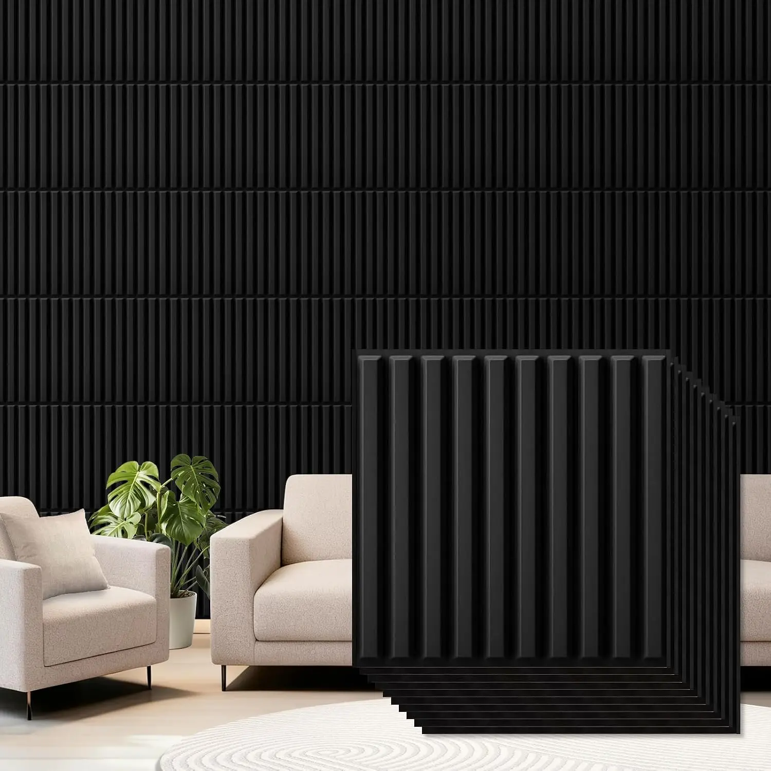 33 count  PVC Slat Wall Panels 12X12in Fluted Textured Paneling Modern Decorative Tiles Cuttable Paintable DIY Wall Art for Interior Decor, Bedroom, Ceiling, TV Background, Bathroom (Black)