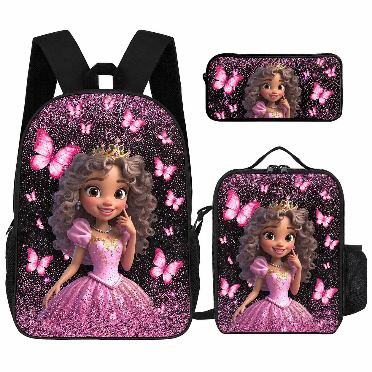 3Pack Afro Girl Fashion Black Girl Graphic Backpack Set, Butterfly & Crown Printed School Bookbag With Lunch Bag And Pencil Case, Stylish Casual Daypack For Girls And Teens