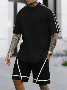 Men's striped two-piece set, loose short-sleeve T-shirt, crossed-line sports shorts, breathable and soft fabric casual street style set, suitable for workouts, daily walks, and home leisure, fashionable summer two-piece men's clothing #sportswear set