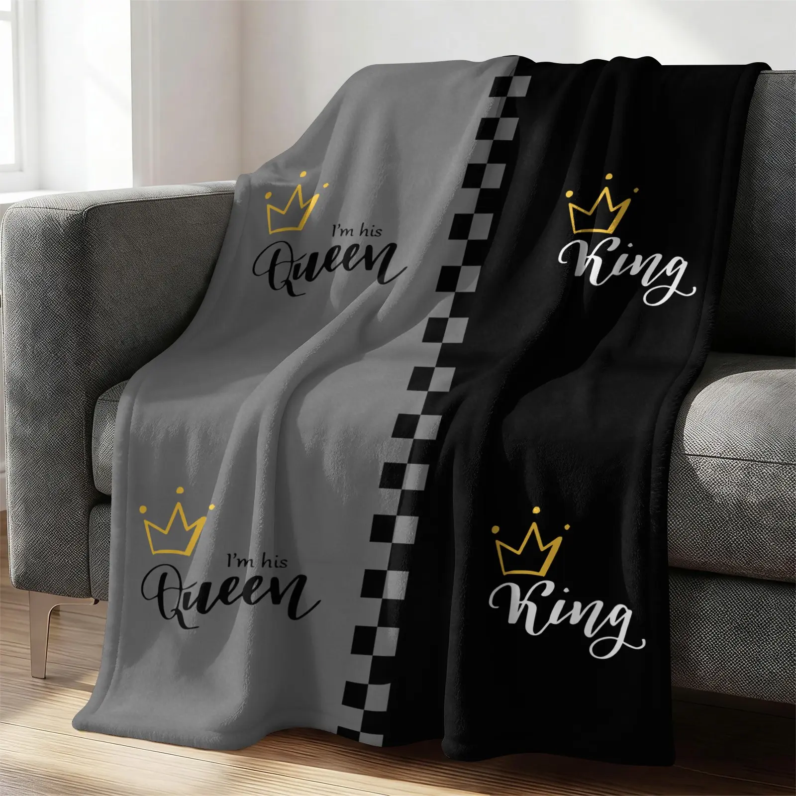 King Queen Couple Flannel Blanket, Soft Warm Throw Blanket, Cozy Gift Blanket for Men Women Lovers for Sofa Bed Couch Living Room Office All Season Use Home Decor Blanket