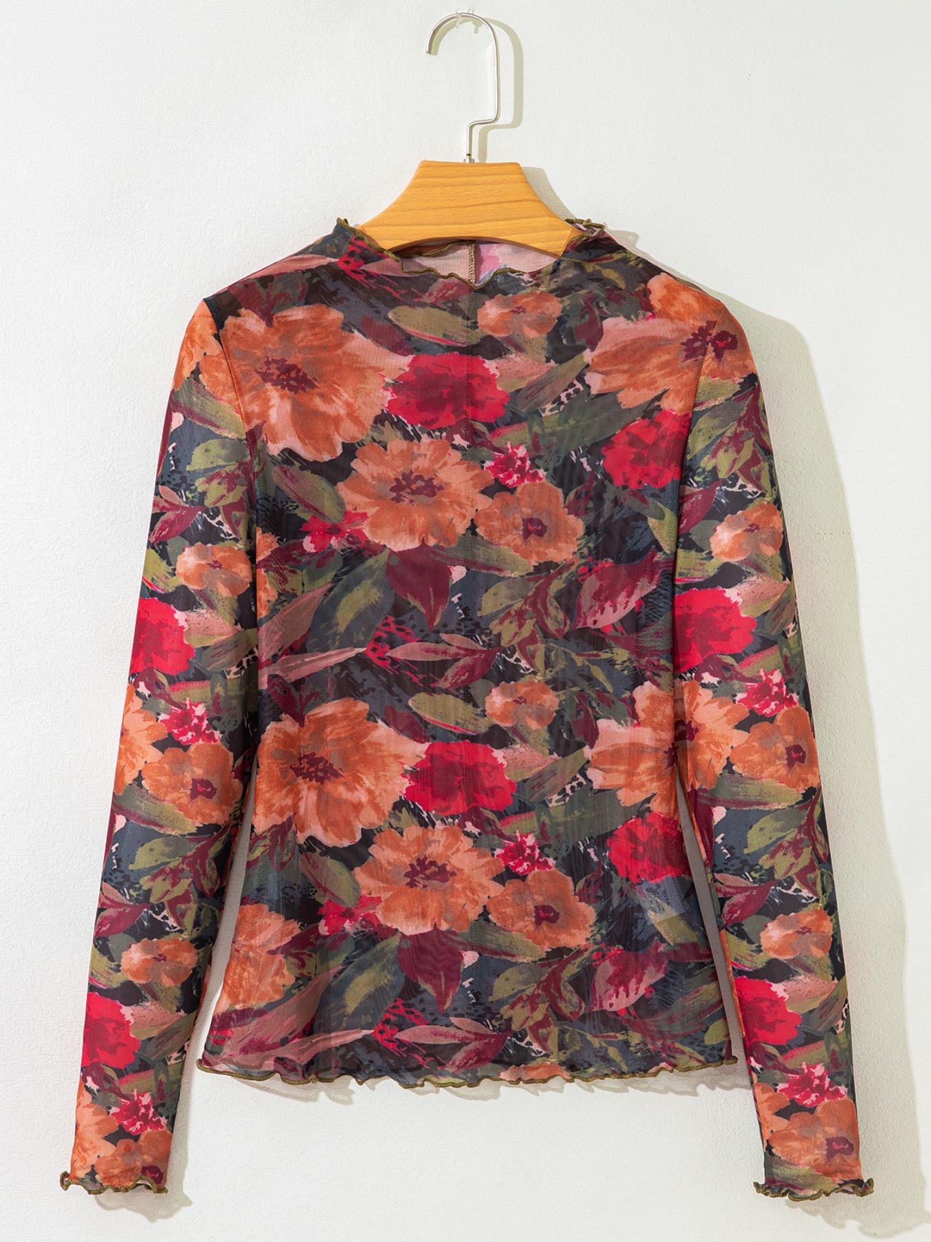Floral Print Mesh Long Sleeve Top, Women's Casual Round Neck Ruffle Hem Blouse, Spring & Fall Fashion, Womenswear