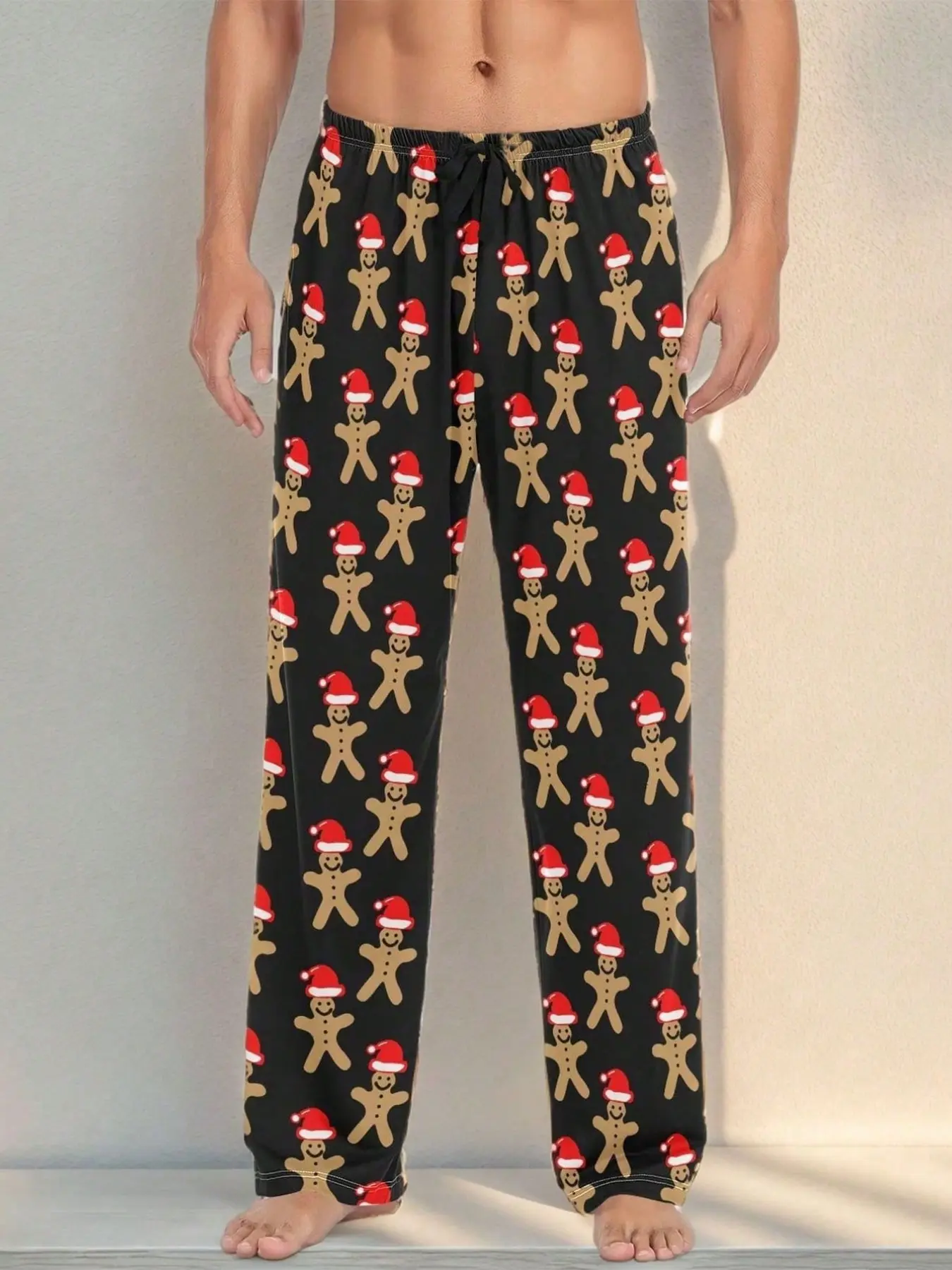 Men's Christmas-Themed Sleep Pants, Long Straight Leg Design, Festive Gingerbread Man Print, Perfect for Holiday Parties & Home Wear