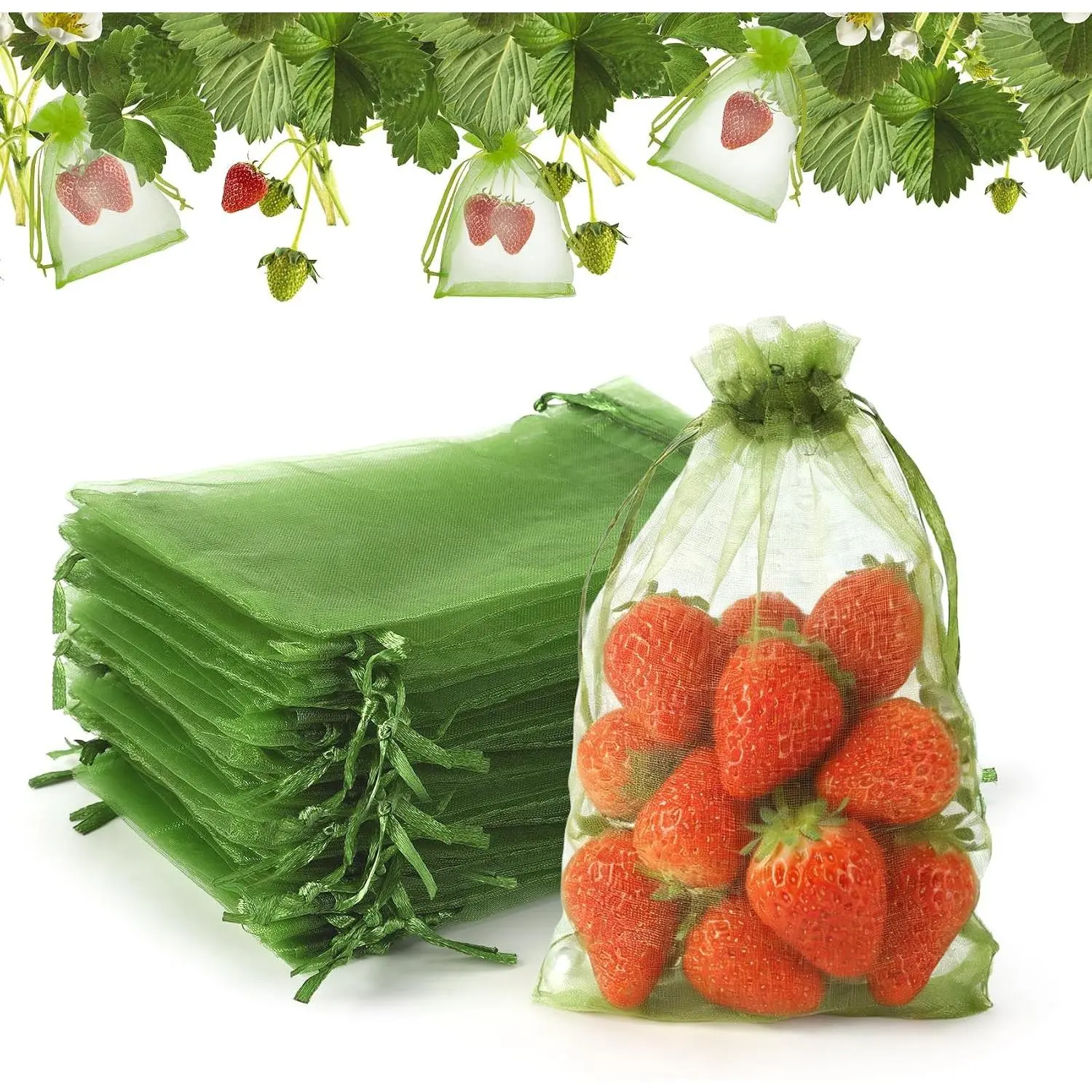 Fruit Protection Bags, 50 PCS 5"×7" Green Netting Cover Bags Fruit Cover Mesh Bag Drawstring Mesh Fruit Protectors Pest Barrier for Tomato Strawberry Raspberry Mango Small Fruits