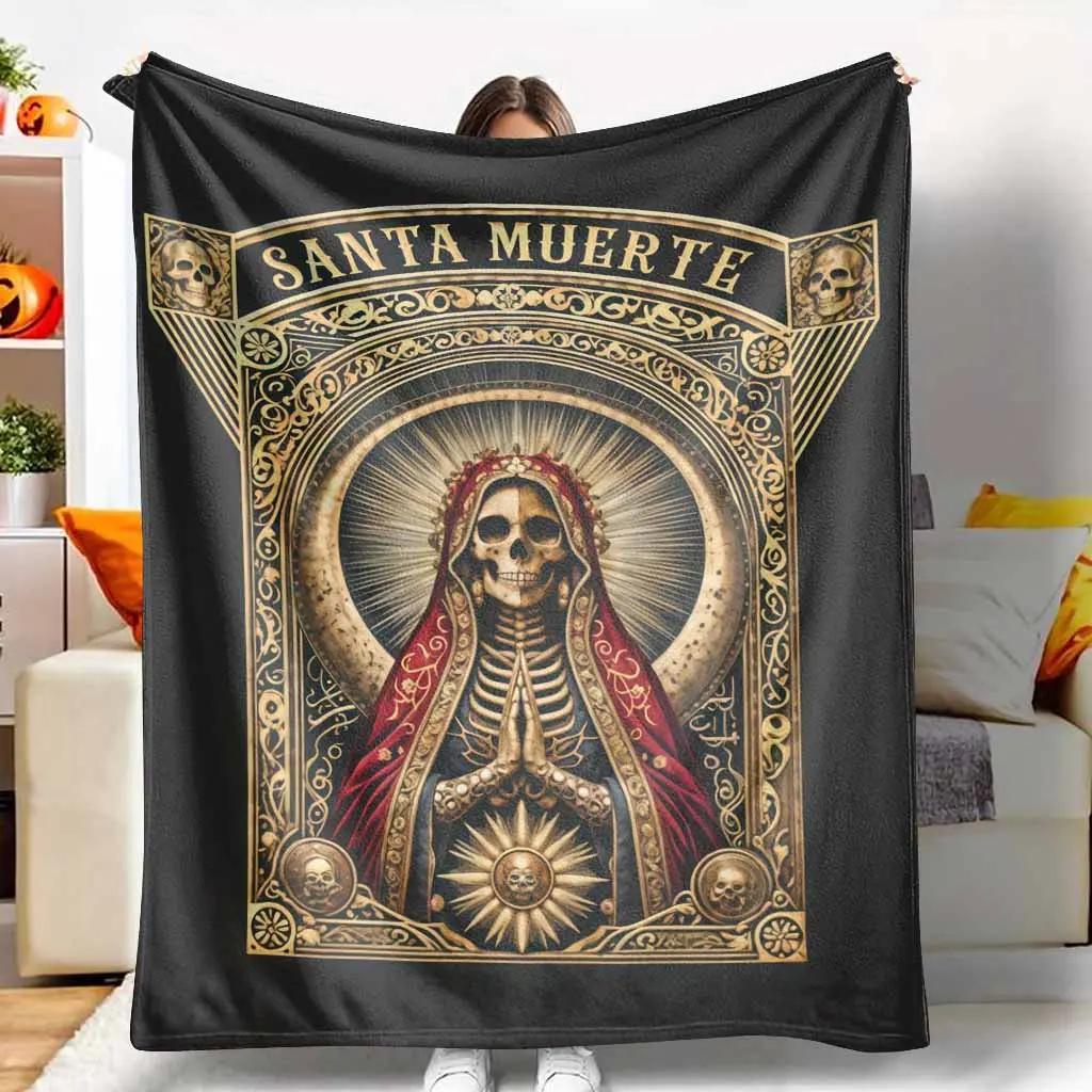 Santa Muerte Flannel Blanket, Day of the Dead Print, UltraSoft, Lightweight, AntiPilling, AntiWrinkle, Perfect for Gothic Decor, Halloween Season, Spiritual Practices, Home Decor, and Thoughtful Gift Giving.-280GSM