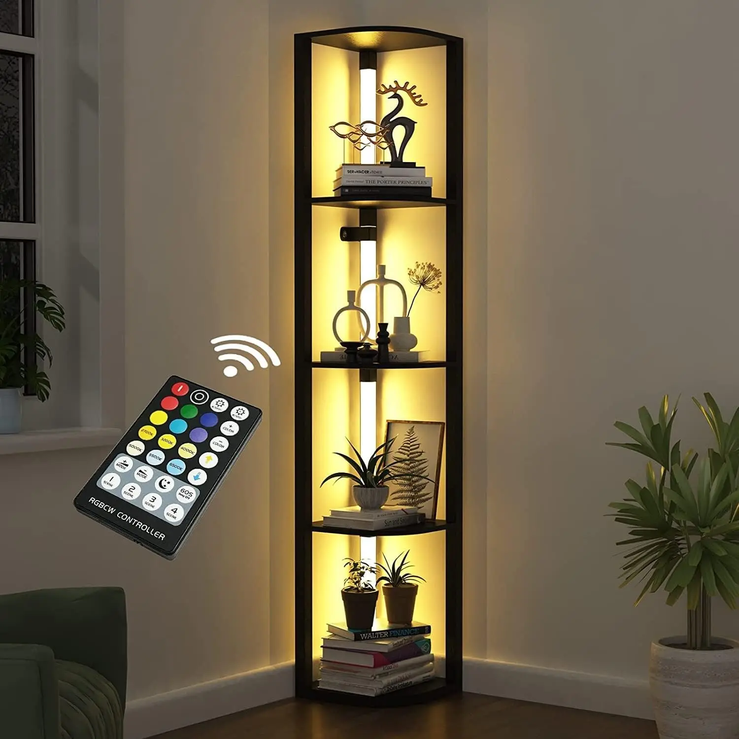 Corner Shelf with Light, Modern Home Decor Stand Floor Lamps with Storage Shelves for Collectibles, Sturdy 5-Tier Corner Bookshelf Cabinet Display Shelf for Living Room Bedroom Small Space