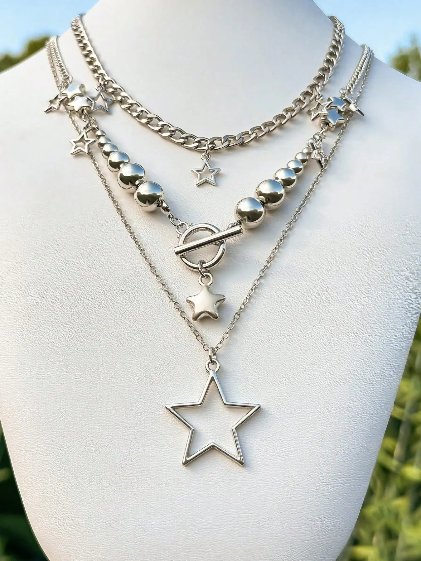 3-Piece Y2K Style Silver Color Star Pendant Necklace, Chunky Bead Design, Ot Clasp, Layerable Chains, Gothic & Hip Hop Women's Jewelry, Casual Style Necklaces