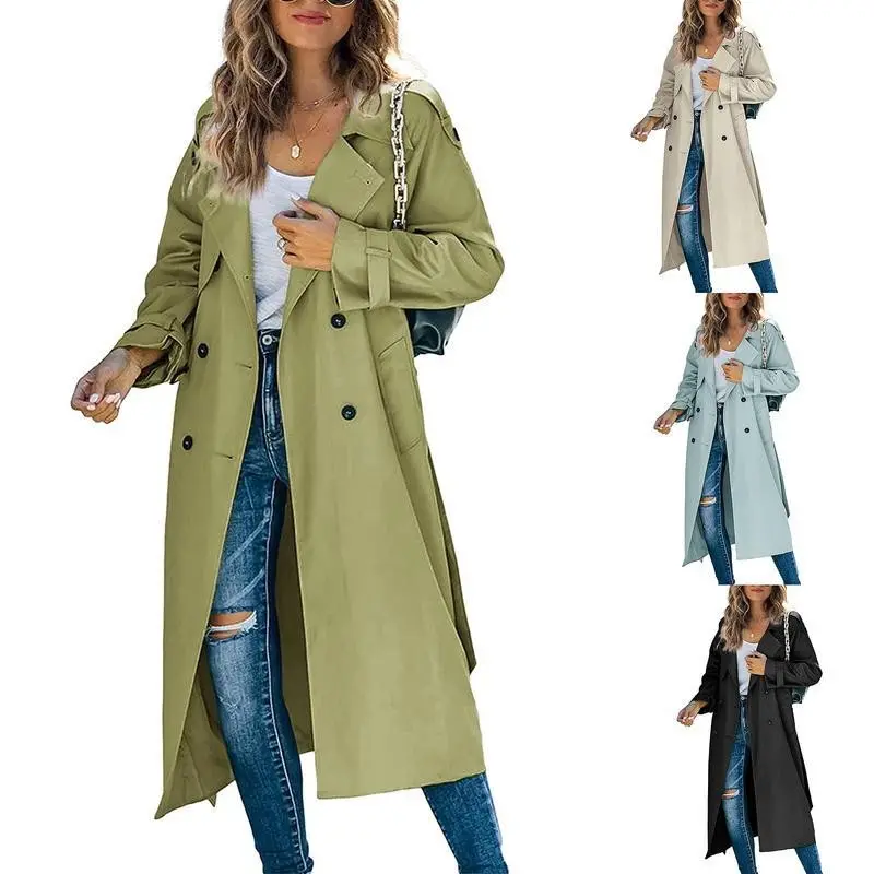 Women's Double-Breasted Trench Coat Classic Lapel Overcoat Slim Waterproof Outerwear Coat with Belt Buckle
