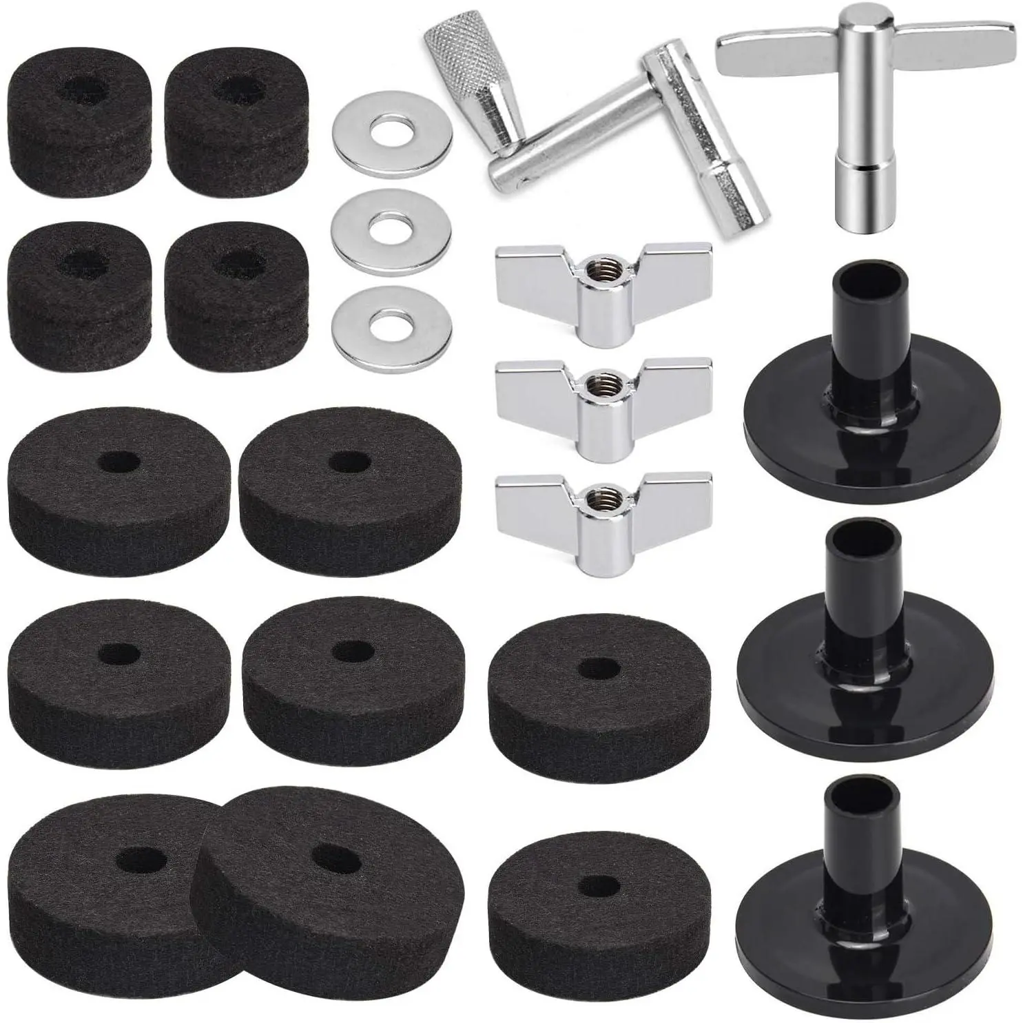 23 count Cymbal  Accessories, Cymbal Stand Felts, Drum Felt Pads Include Wing Nuts, Washers, Sleeves & Drum Key Accessory Set - Black