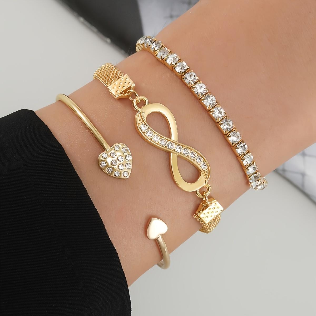 3 Pcs Vintage Elegant Rhinestone Bracelet Set - Adjustable Heart & Infinity Symbol Bangle, Stylish Alloy Open Cuff for Daily Wear & Gift Occasions