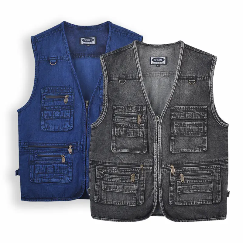 Men's High Cotton Vintage Washed Denim Vest, Multi Zipper Pocket Sleeveless Utility Trucker Waistcoat, Casual Outdoor Fishing Streetwear Loose Fit V Neck Jean Gilet Outerwear