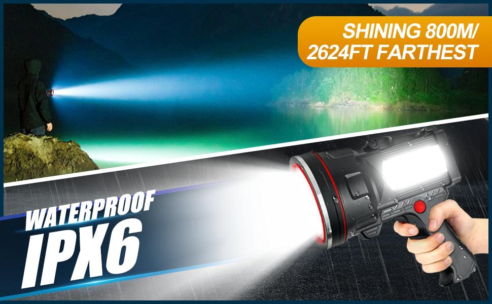 VICTOPER Spotlight for Camping, 1000000 Lumens Bright Handheld Spot Light, 12000 mAh Rechargeable LED Flashlight, 3+3 Modes 4 Colors Waterproof Spotlight Hunting Caving Camping Essentials Gear