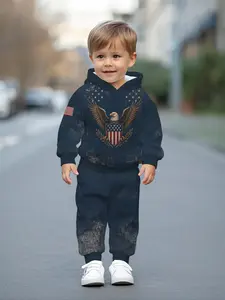 Vintage distressed shield emblem white-headed eagle digital printed hooded sweatshirt set for baby boys, casual and comfortable, perfect for daily outings, a trendy and versatile gift for little boys