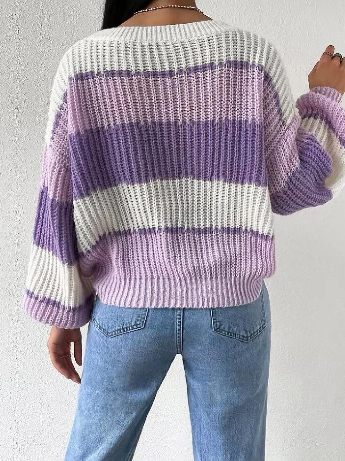 Women's Colorblock Bishop Sleeve Round Neck Sweater Without Necklace, Casual Long Sleeve Jumper for Fall & Winter, Tops, Women's Knitwear for Daily Wear