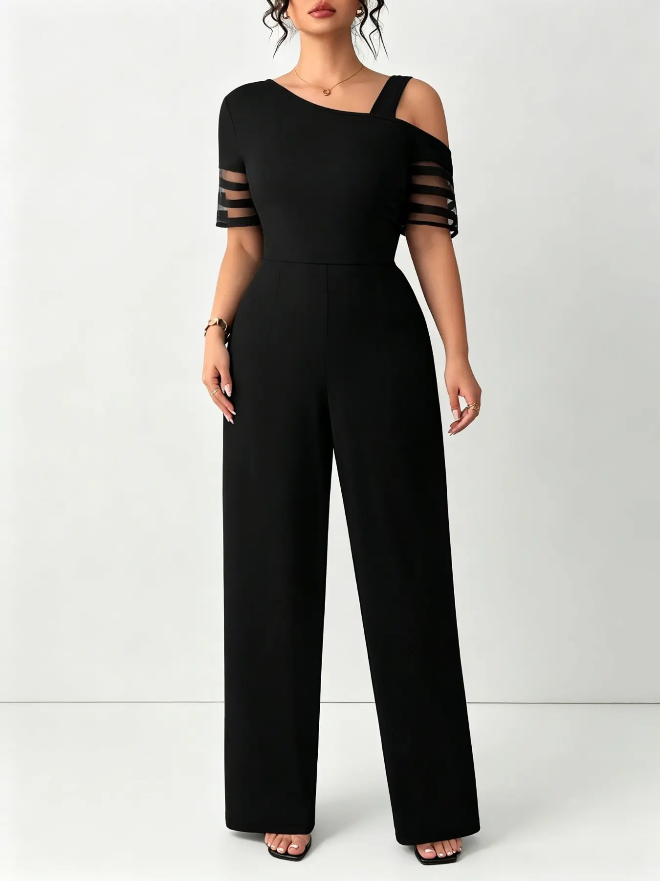 Elegant One-Piece Wide Leg Pants, Lightweight Luxury Casual Style, Sheer Striped Mesh Short Sleeve, High Waist Slim Fit, Perfect for Office & Events