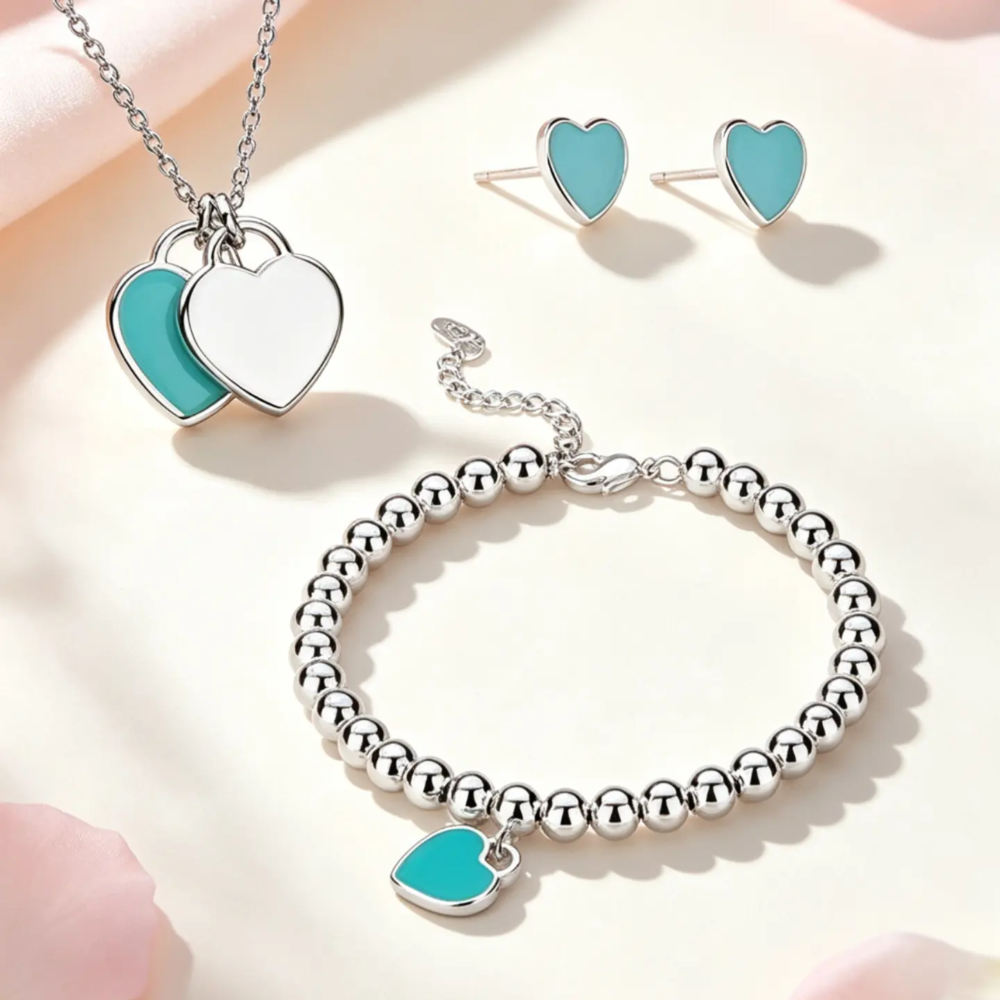 Women's Heart Shaped 3-in-1 Jewelry Set - Necklace + Bracelet + Earrings, Perfect Galentine's Day Valentine Gift for Her