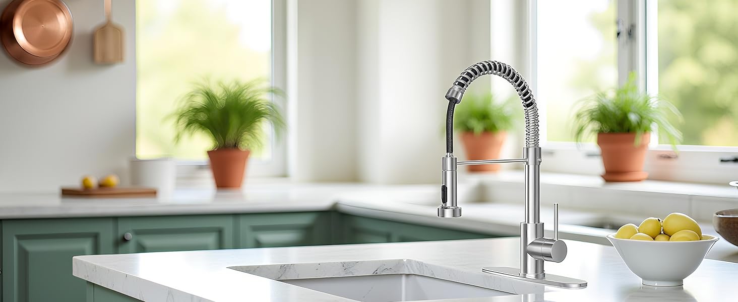 Brushed Nickel Kitchen Faucet with Pull Down Sprayer, Stainless Steel Spring Commercial Kitchen Sink Faucet with 10-Inch Deck,1 or 3 Hole Installation for Farmhouse, RV Camper, Laundry & Utility Sink