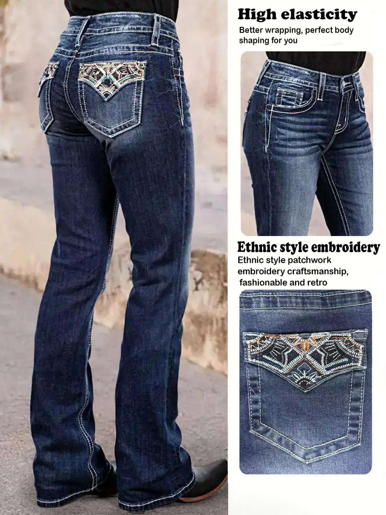 Casual Retro Embroidered Women's Bell Bottom Jeans, Comfortable Long Pants for Everyday Wear, Stylish and Trendy Design