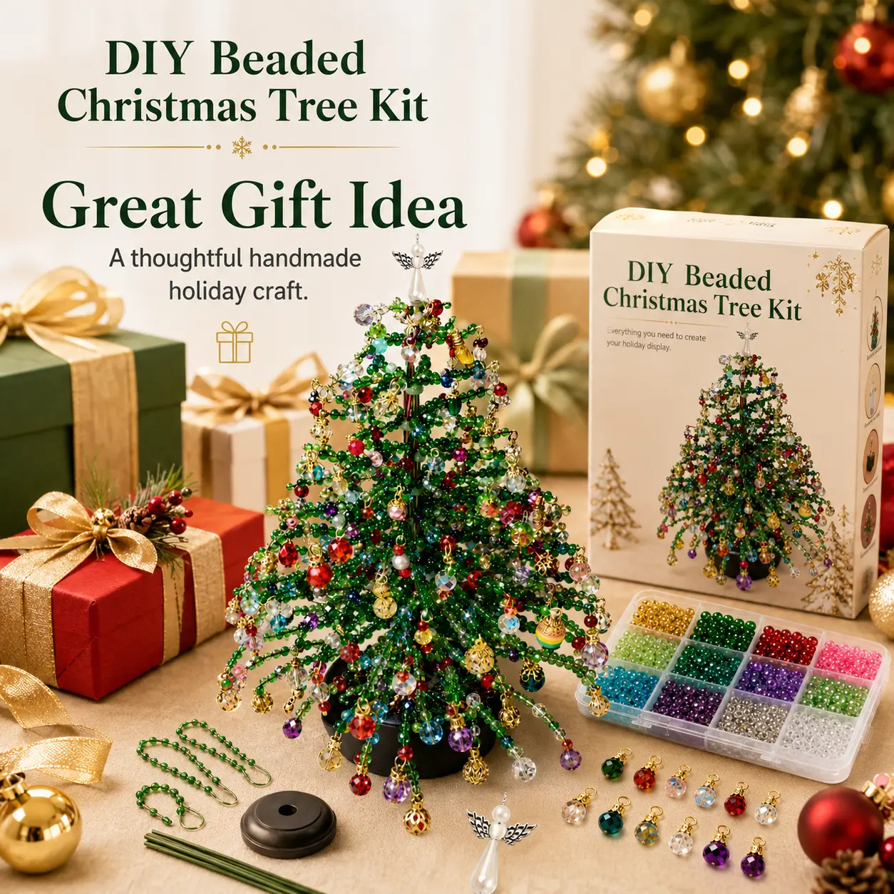 DIY Beaded Christmas Tree Kit for Adults, Handmade Christmas Tree Craft Set with Colorful Beads and Ornaments, Sparkling Holiday Table Decor, Creative Jewelry Making Activity, Christmas Home Decoration, Unique Handmade Gift Idea, Festive DIY Craft Kit