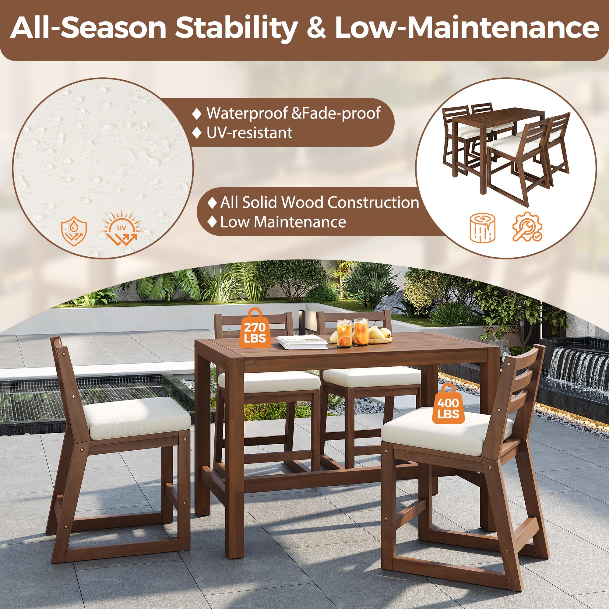 ARCH TREXM 5-Piece Rustic Patio Bar Set, Patio Table and Chairs Set with Ergonomic Chairs, Solid Wood Slatted Tabletop for Poolside, Balcony, Backyard, Porch (Mocha+Beige Cushion)