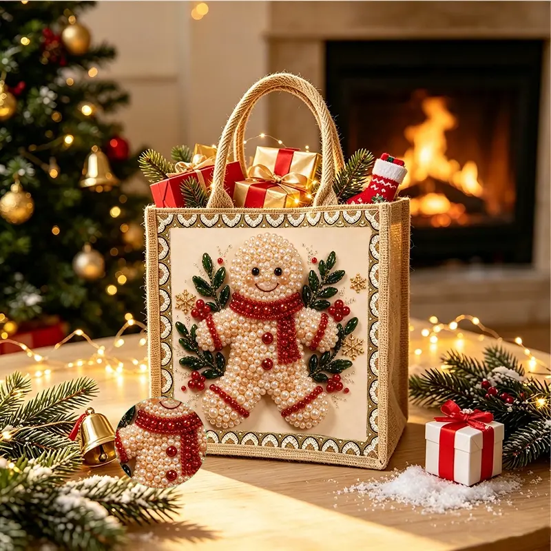 1pc DIY Linen Handbag,Pearl gingerbread man Christmas decoration,Adult Craft Kit, Christmas Gift Bag, Holiday Present, Festival Tote Bag
