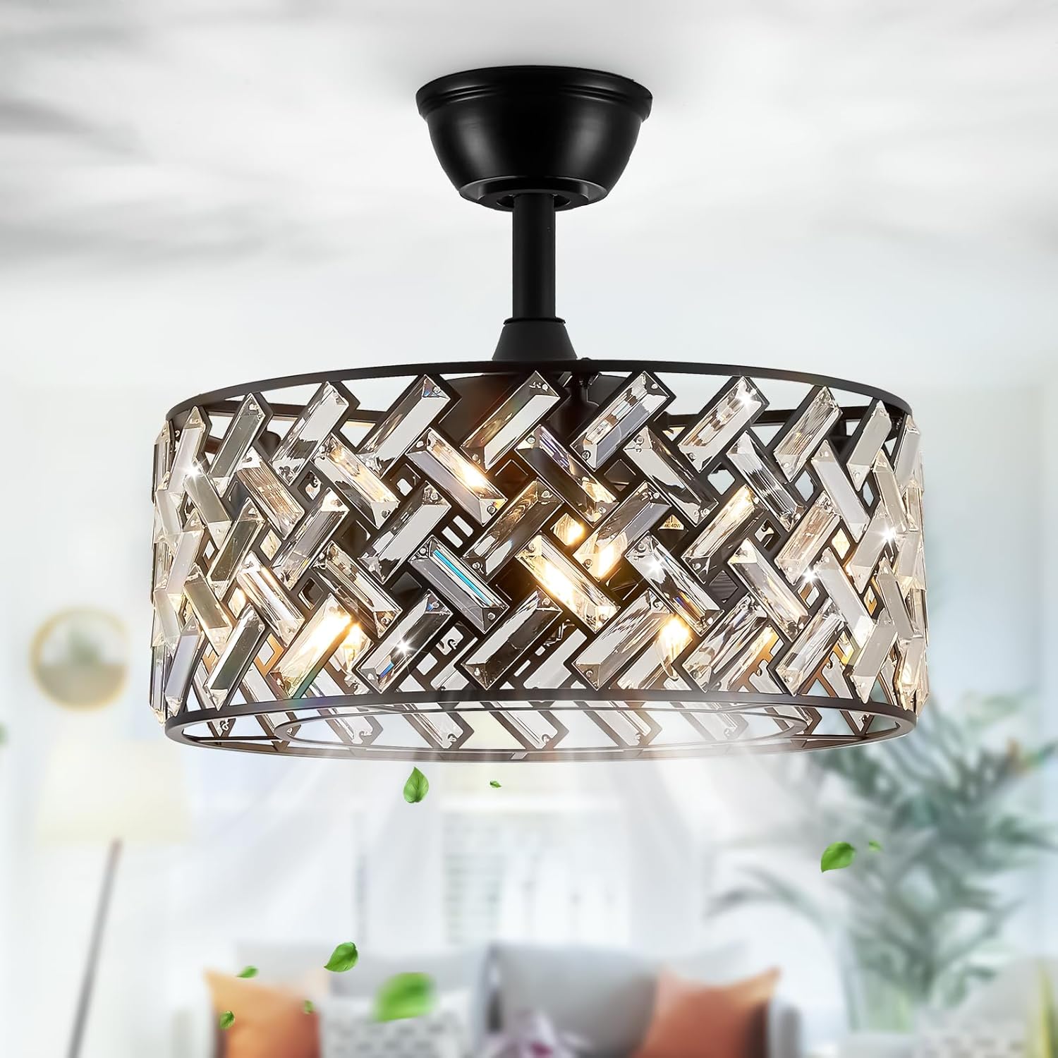 18'' Crystal Cage Ceiling Fan With Remote Control ,Quiet  Motor Fan Light ,, Indoor Crystal Chandelier Ceiling Fan For Bedroom, Living room, Dinning Room, Kids Room--Matte Black (bulbs not included.)