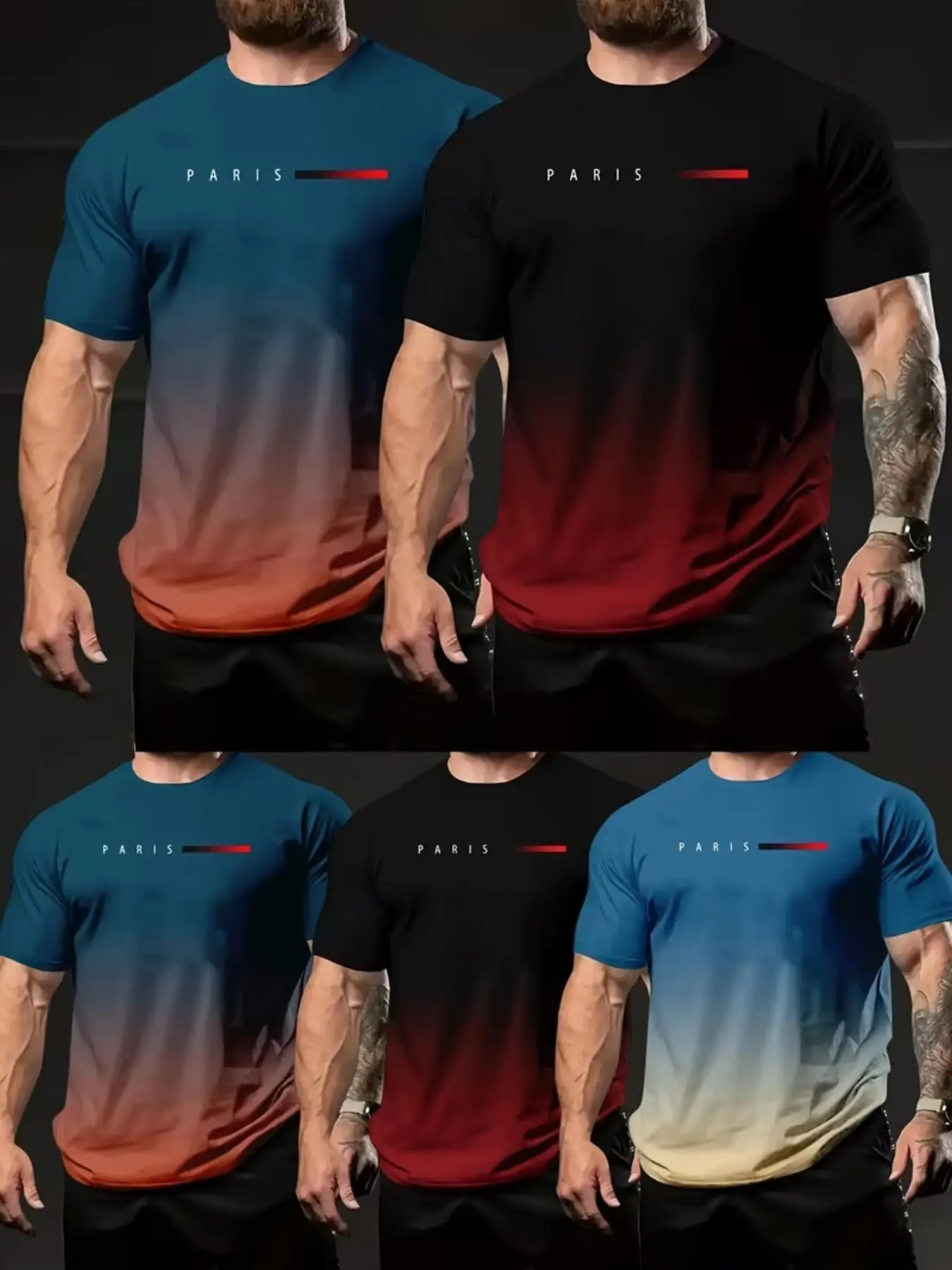 5-Pack Gradient Summer Round Neck Quick-Dry Breathable Short Sleeve T-Shirts, Striped Print Men's Fashion Casual Streetwear T-Shirts Fabric
