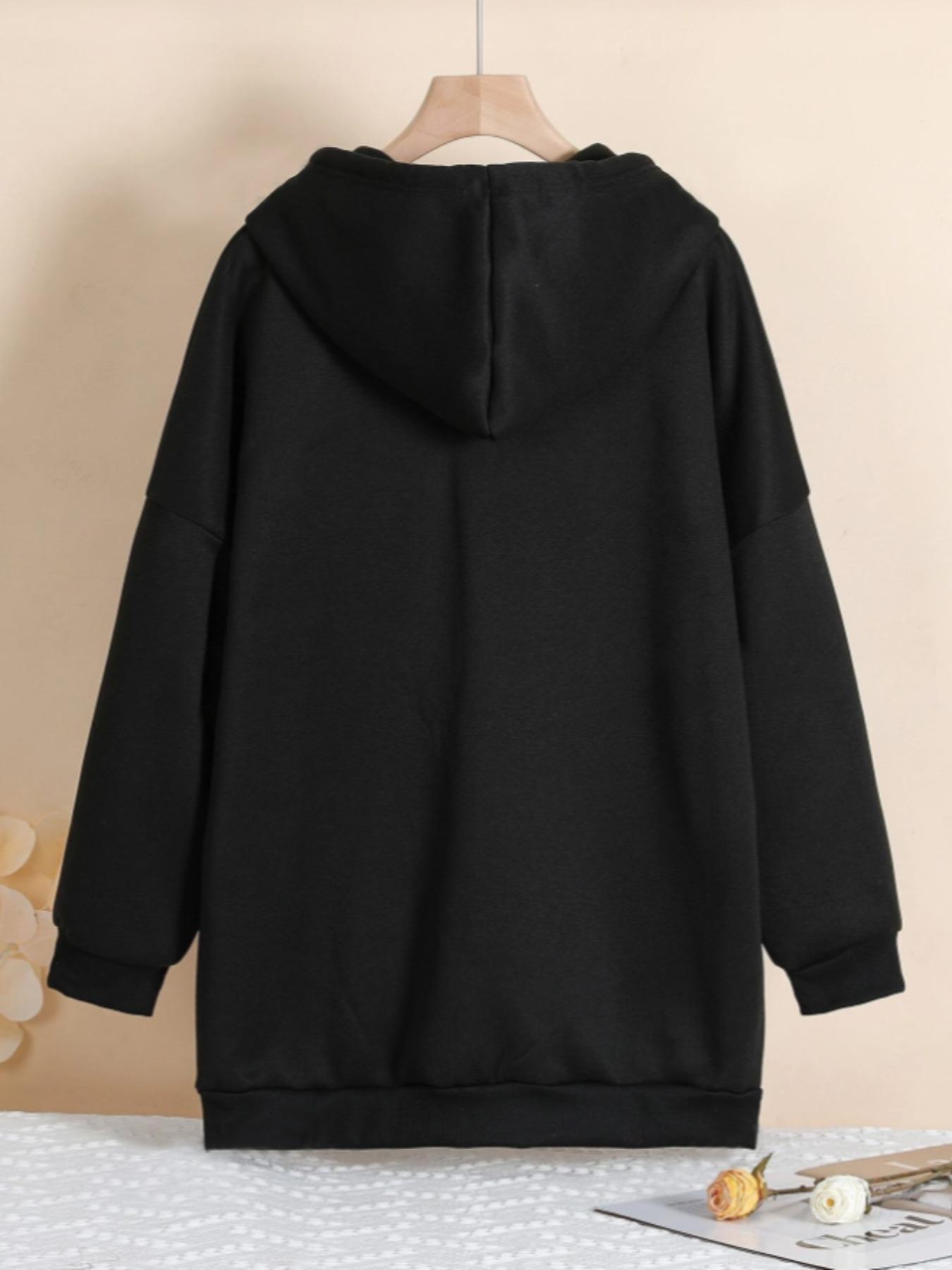 【Plus Size】 Basic Solid Zip Up Hoodie, Casual Drawstring Pocket Long Sleeve Hooded Sweatshirt for Fall & Winter, Women's Clothing for Daily Wear, Womenswear