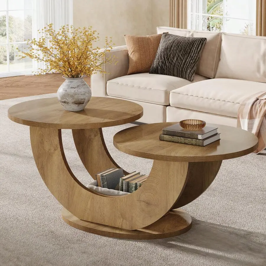 LITTLE TREE Round Living Room Coffee Table, 2-Tier Farmhouse Coffee Table With U-Shaped Frame, Low Accent Center Cocktail Table For Home, Apartment(Natural)