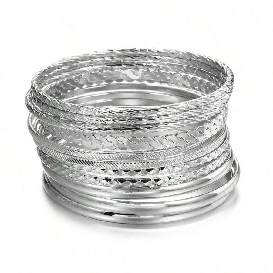 Women's 12-Pcs Elegant Geometric Alloy Textured Metal Stackable Bangles, Bracelets for Women for Everyday Daily Use & Party Gifting, Twelve Pcs