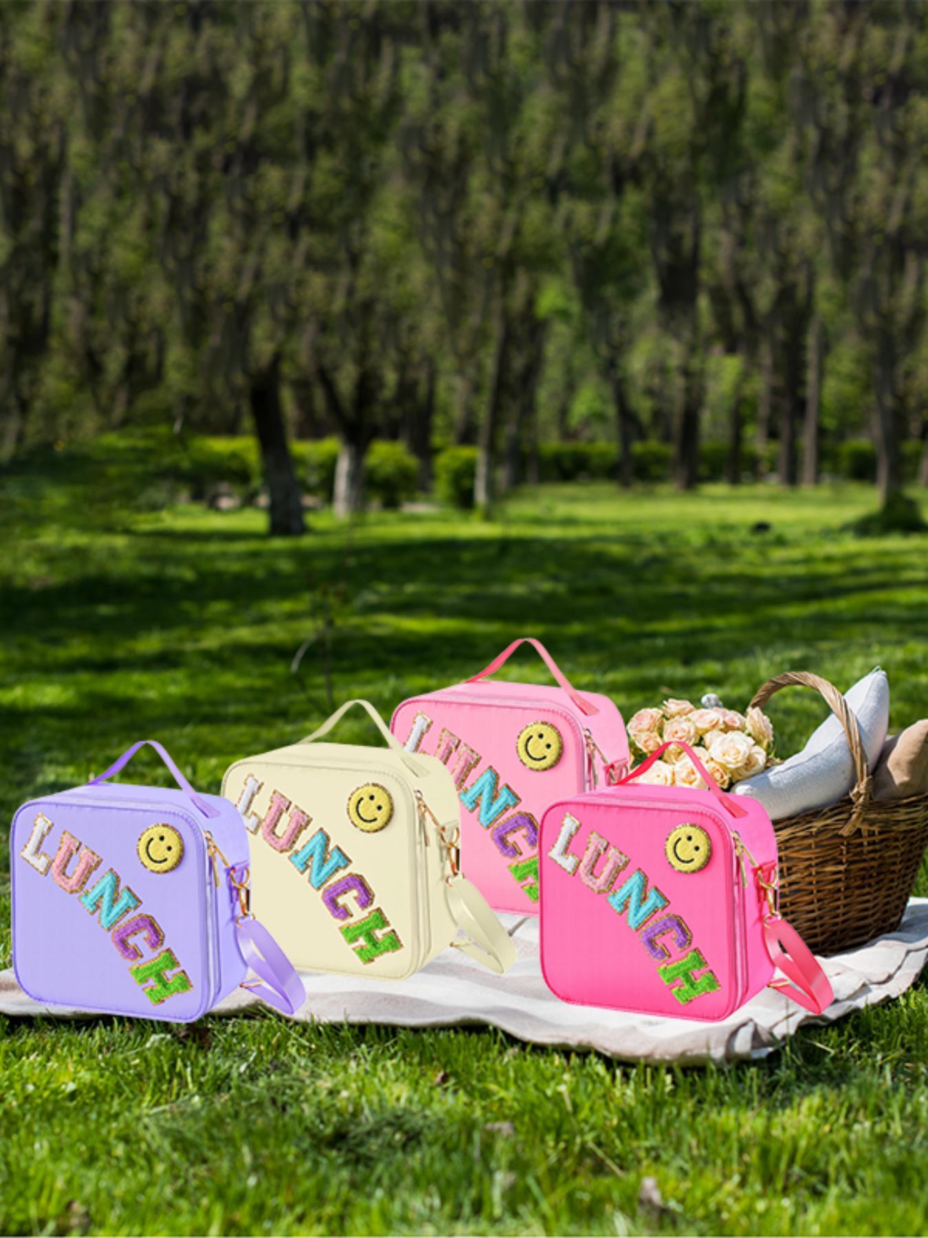 Letter Decor Lunch Bag, Cute Insulated Lunch Bag with Adjustable Shoulder Strap, Nylon Lunch Bag for School Travel Picnic