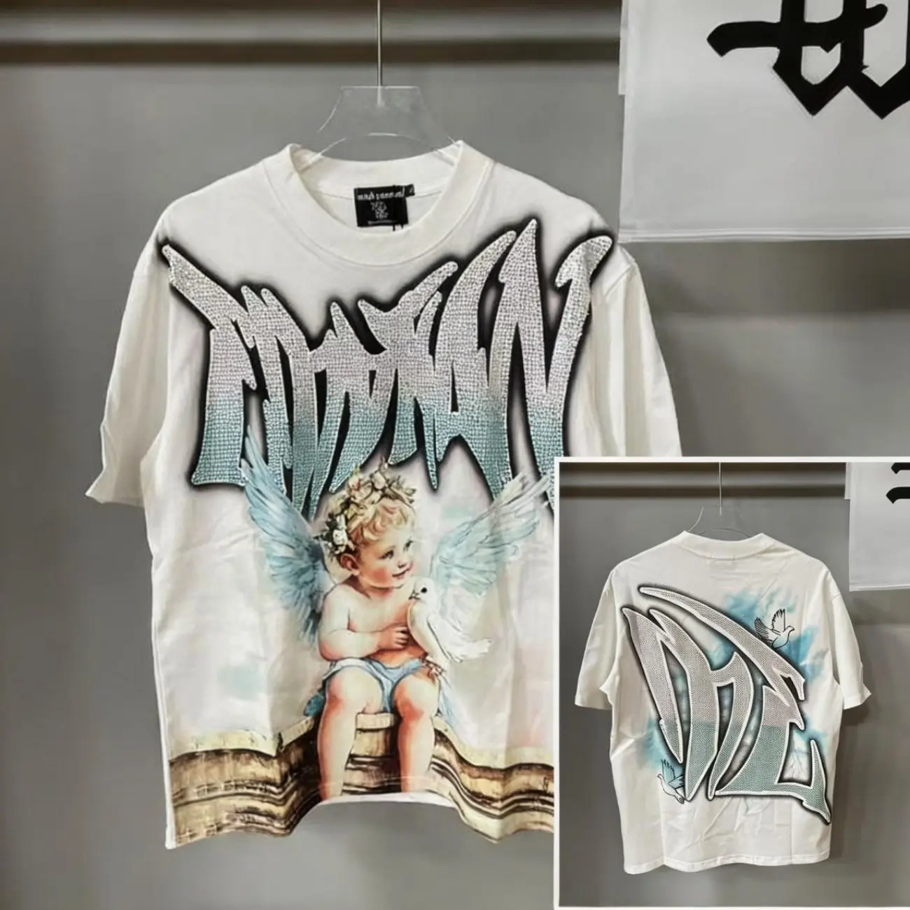 MIXED EMOTION Diamond Angel Graphic Tee, Vintage Cotton T-Shirt for Streetwear, Oversized T-Shirts Tee Y2K Hip Hop Summer Short Sleeve Top
