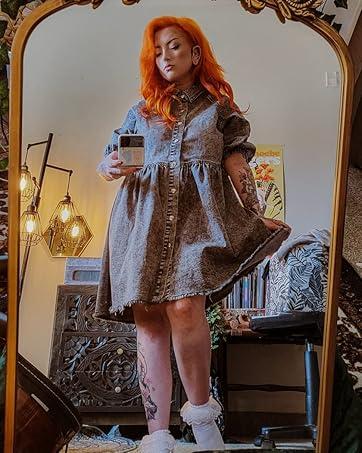 FMEYOA Womens Summer Denim Dress Button Down Short Sleeve Babydoll Dress Puff Sleeve Flowy Jean Dress